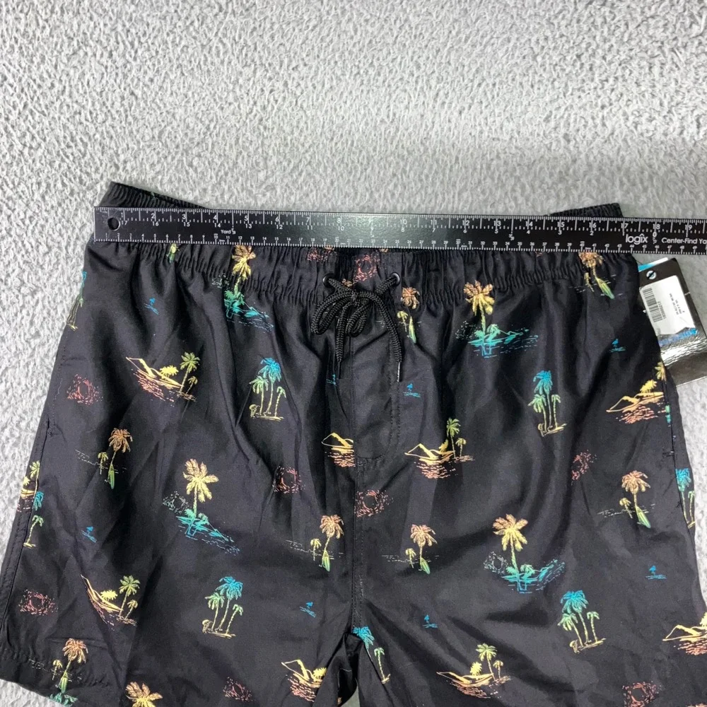 Burnside Swim‎ Trunks Men XL Black Lined Tropical Palm Tree Print Elastic Waist